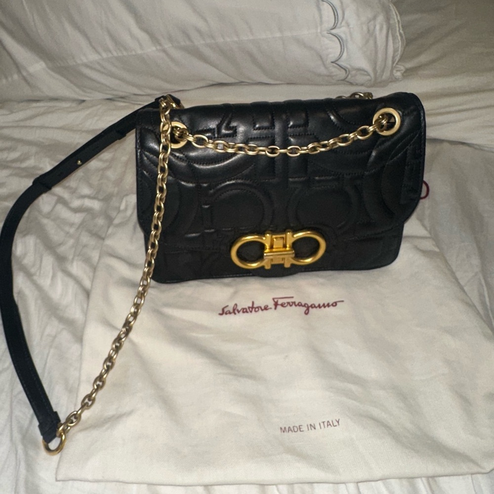Salvatore Ferragamo Black Quilted Shoulder Bag with Gold Accents